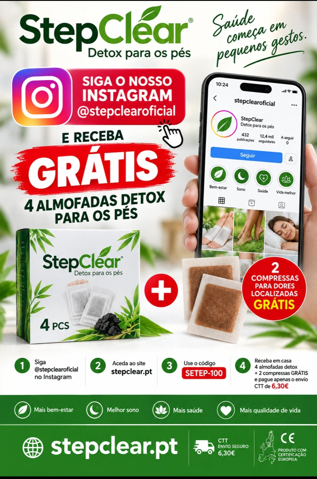 PACK INSTAGRAM: 4 Almofadas Detox + 2 Compressas Grátis (Envio fixo de 6,30 € calculado no checkout)
